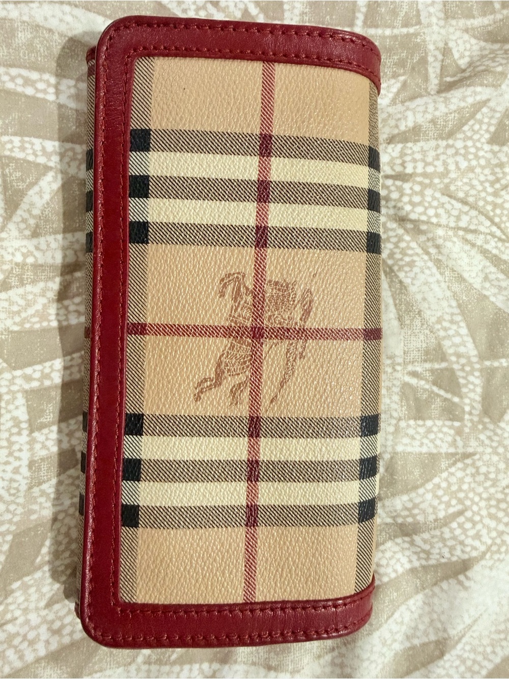 Burberry Beige Check Wallet with Red Trim